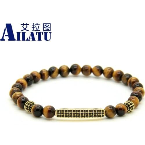 Ailatu Fashion Men & Women Jewelry Wholesale 6mm A Grade Tiger Eye Stone Micro Inlay Black Cz Tube Beaded Bracelets