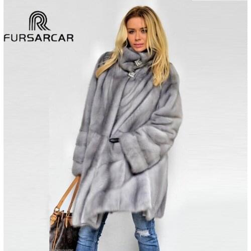FURSARCAR 2021NewFashion Genuine Natural Mink Fur Long Coat With TurnUp Collar Winter Luxury Female Trendy Warm Outerwear Jacket