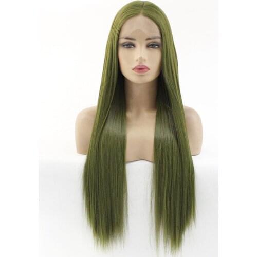 24" Olive Green Synthetic Lace Front Wigs Silky Straight Middle Parting Half Hand Tied 180% Density Heat Resistant Fiber Hair
