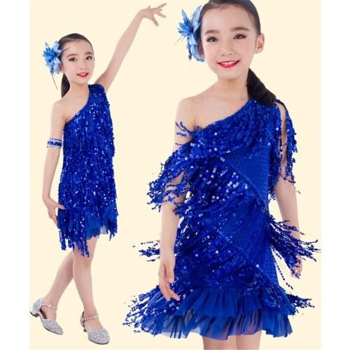 Ballroom Dance Competition Dress Latin Dance for Girls Children Kids Samba Costumes Sequins Salsa Dress (Skirt+Arm Chain+Flower)