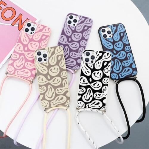 Cute Trippy Smiley Necklace Lanyard Rope Case For iPhone 12 11 Pro Max Mini XR X XS SE 2 7 8 6 6S Plus Couqe Silicone TPU Covers