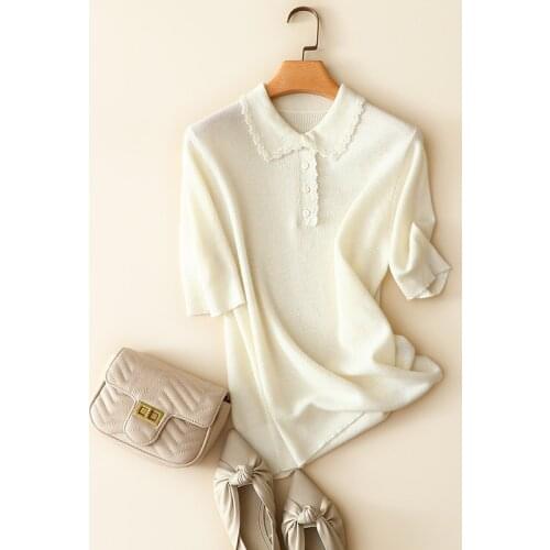 100% pure cashmere sweater pullover 2020 new summer france fashion short sleeve turn-down collar knitwear