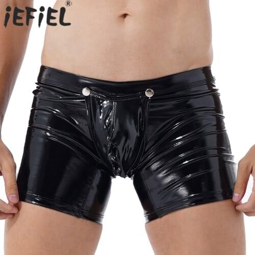 Men Wet Look Hallow Out Sexy Boxer Briefs Sissy Party Clubwear Low Waist Bulge Pouch Shorts Glossy Open Butt Leggings Underpants