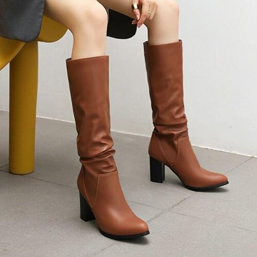 Fashion Street PU Snake Skin Knee High Boots Ladies Fall Winter Square Heel Pointed Toe Women Shoes