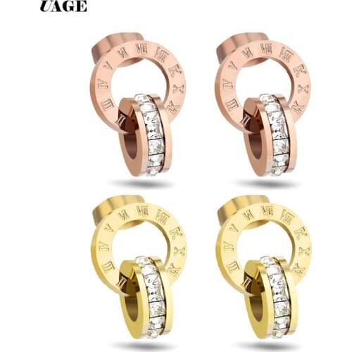 UAGE Top Brand Hight Quality Titanium Steel Double Wound Roman Numerals Crystal Stud Earrings For Women Gift Jewelry