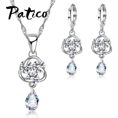 Fashion Cubic Zirconia Flower 925 Sterling Silver Jewelry Sets for Women Necklace Pendant Hoop Earrings