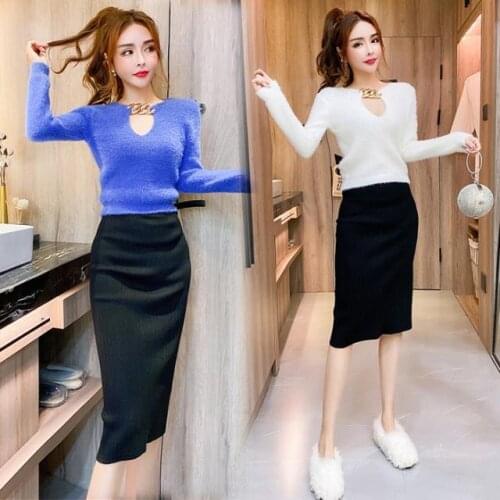 Women 2021 Spring Autumn New Slim V Neck Long Sleeve Knitted Pullover Top + High Waist Pencil Skirt Suit Office 2 Piece Set C341