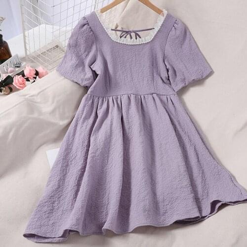 Baldauren Ruffles High Waist Dresses Women Bow Lace Up Puff Sleeve Square Collar A-line Clothing 2021 Summer Korean sexy New