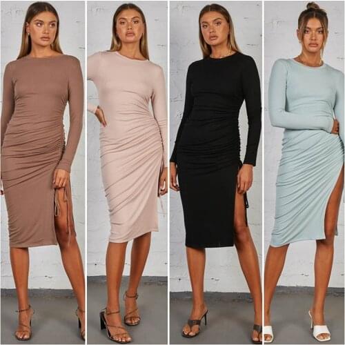2021 New Autumn And Winter Womens Solid Color Round Neck Long Sleeve Irregular Pleated High Waist Dress Women Dress