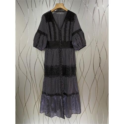 Newest Fashion Dress 2021 Summer Women V-Neck Polka Dot Print Lace Embroidery Patchwork Short Sleeve Casual Vintage Dress Black