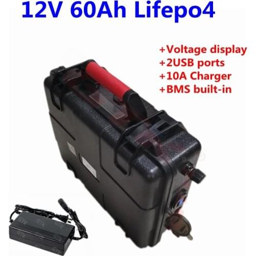 12v 60ah lifepo4 battery pack 12V built in bms with waterproof ABS case for 1200W electric car e-scooter motorcycle+10A charger