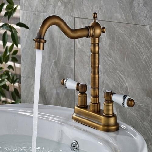 Antique Brass Basin Faucet Ceramic Handles 4" Centerset Bathroom Basin Faucet Two Holes Vanity Sink Water Tap KD543