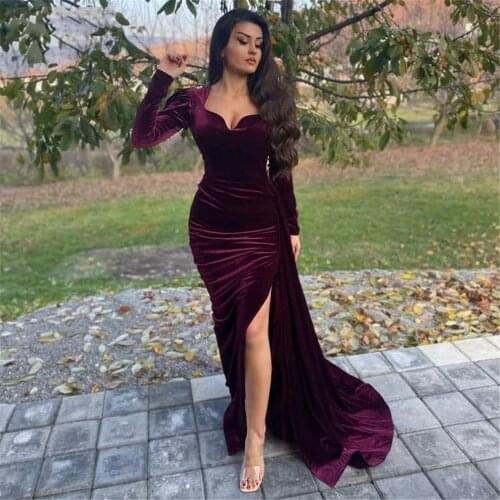 Arabic Morocco Kaftan Mermaid Evening Dress Long Sleeve Side Split Soft Velvet Prom Dresses Long Women Party Gowns فساتين السهرة
