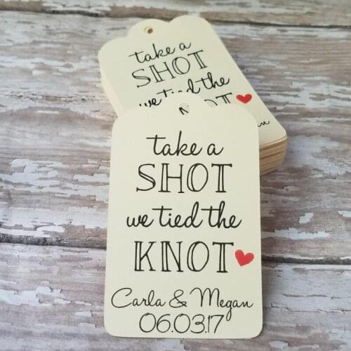 Personalised Take a Shot We Tied The Knot Tag, Mini Liquor Bottle Tag, Custom Wedding Tag, Bridal Shower Tag, Shot Glass Tag