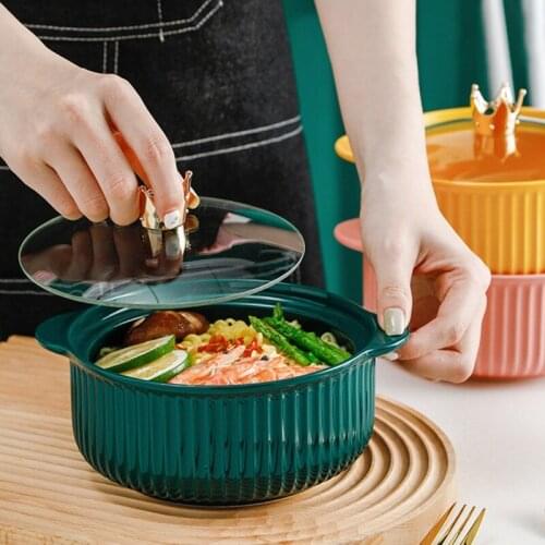Household Salad Bowl large Bowl Binaural Ceramic Bowl With Lid Fruit Salad Tray Noodle Bowl Creative Restaurant Tableware