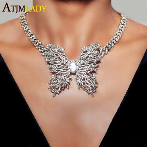 Iced out bling cz micro pave white green cubic zirconia big butterfly pendant with 9mm miami cuban link chain choker necklace
