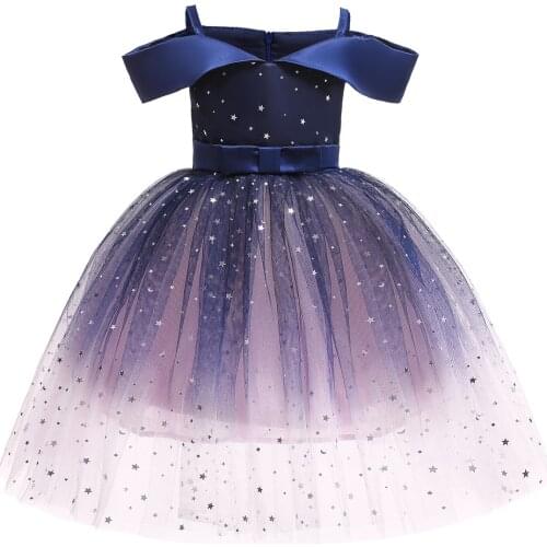 2-10Y Infant Kids Baby Girls Off Shoulder Party Dresses Formal Stars Bowknot Squin Mesh Dress Princess Gown
