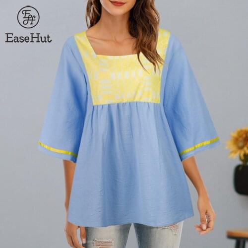EaseHut Women Vintage Blouse Square Collar Flared Half Sleeve Comfy Elegant Loose Casual Tunic Tops Lady Shirt 2021 New