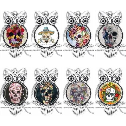 EJ Glaze For Women Children Vintage Antique Sugar Flower Skull Design Design Fashion Vintage Glass Women Owl Necklace Pendants