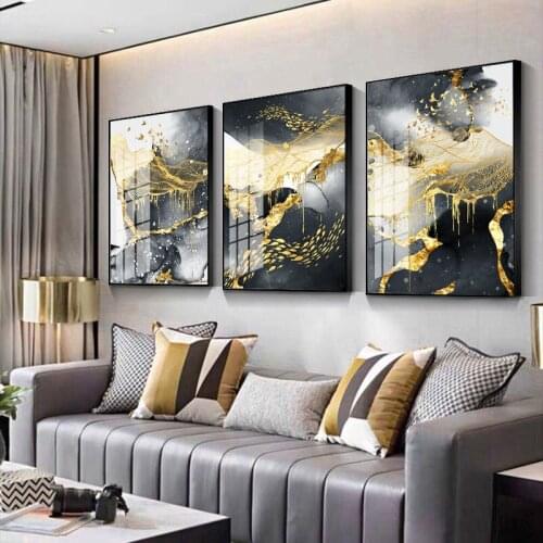 Nordic Canvas Painting Golden Black White Abstract Line Gold Foil Poster Wall Art Print Picutre Decoration Modern Home Decor