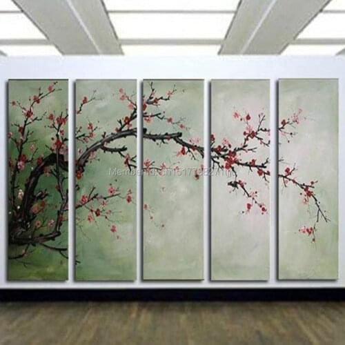 Hand Painted 5 Pcs sakura Cherry blossoms Plum flower Canvas Art Oil Painting Modern Abstract Wall Pictures Set For Home Decor