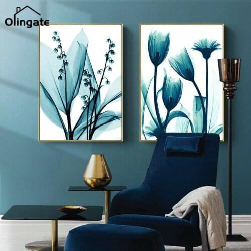 Nordic Simple Lotus Leaf Wall Art Picture Modern Abstract Blue Plants Canvas Painting One Piece Canvas Poster Home Room Decor