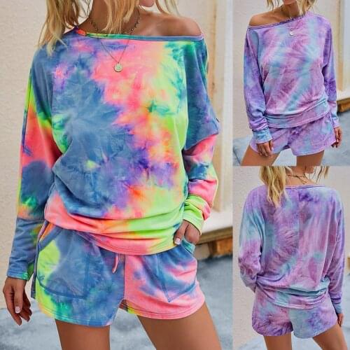 Tie-dye Print Womens Shorts Suit Long Sleeve O-collar Pullover Leisure Tops + Shorts Set Female T-shirts Suit Спортивный Костюм