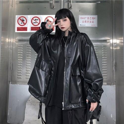 LDKVGSU New Trend Gothic PU Leather Jacket Oversize Dark Black Girl Fashion Loose Preppy Style Casual Womens Jackets Coats Fall
