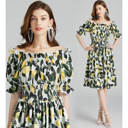 Summer Womens off-Shoulder Lemon Print Elastic Waist Puff Sleeve Boat-Neck Slim-Fit Short-Sleeve Pleated Dress