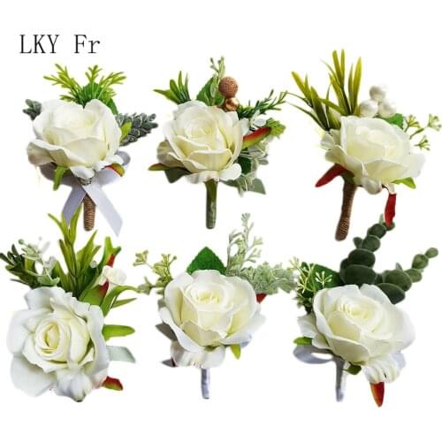 LKY Fr Men Wedding Boutonniere White Roses Artificial Flower Pin Bracelet Bride Corsage Wedding Groom Buttonhole Marriage Brooch