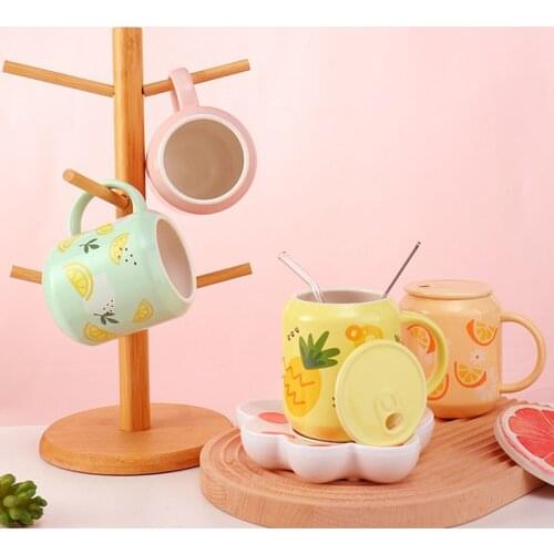 400ml Cute Fruits Summer Mugs Creative Can Cartoon Ceramic Mug With Straw Lid Milk Tea Mug Office Home Travel Coffee Water Cup