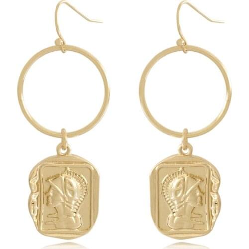 Fashion Jewelry Gold Color Face Engraved Square Circle Charm Drop Earrings For Women Girl Elegant Gorgeous Chic Casual Jewelry