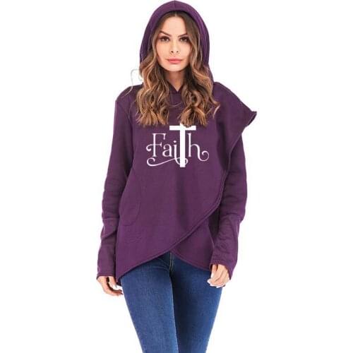 Autumn Hoodies Sweatshirts Women Faith Letter Print Long Sleeve Hem Asymmetrical Pullover Tops Female Casual Sweatshirt