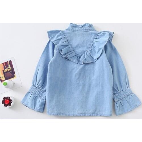 Casual girls denim shirt ruffles lace long sleeve kids denim shirt for girls blouse clothes toddler baby tops children outwear