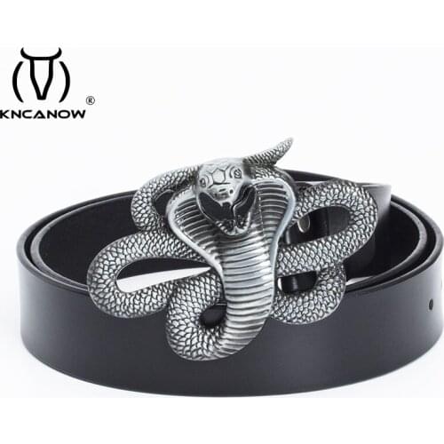 Mens Western Cow Genuine Leather Belt Cowhide Unique Design Snake Buckle Belts For Male Designer Brand Vintage Black Strap