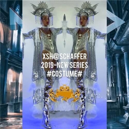 Sexy lady silver tassel super flash big cloak ballroom costume with headdress dance team suit female party event evening dress