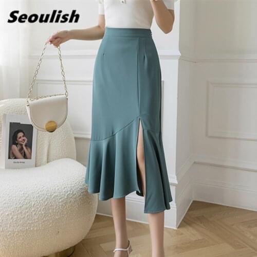 Seoulish 2021 New Summer Ruffles Womens Midi Skirts Fashion Korean Style High Waist Solid Color Side Split Fishtail Lady Skirt