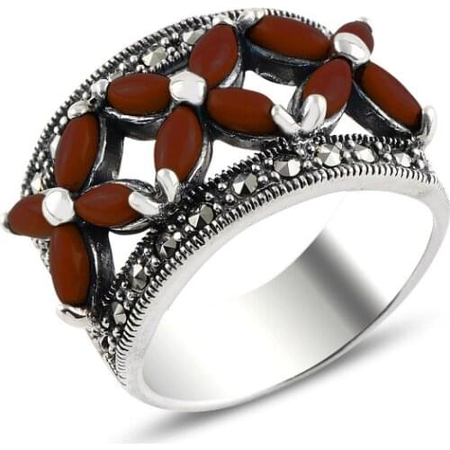 Silver 925 Sterling Red Agate & Marcasite Ring