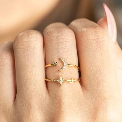 Silver Gold Rose Plated 3 Colors Set Of Two Pieces 925 Sterling Silver CZ Moon Star Cute Lovely Finger Ring