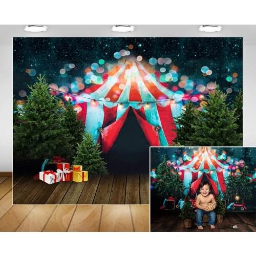 Vintage Christmas Circus Photography Background Gifts Xmas Trees Bokeh Carnival Birthday Party Backdrop Decoration Photo Shoot