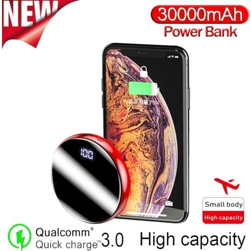 30000mAh Mirror Portable Quick Charging High Capacity PowerBank with Digital Display External Battery for Xiaomi Iphone Samsung
