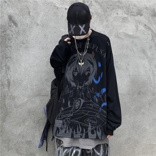 2021 spring and summer new retro high street dark black top women anime print goth hip hop trend long-sleeved T-shirt women