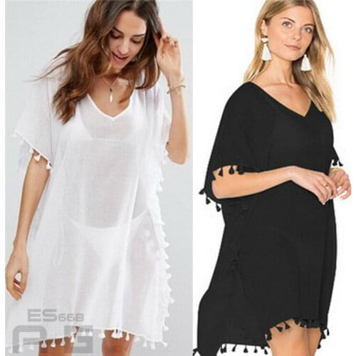 Women Casual Short Sleeve Crew Neck Solid Color Tassel Beach Dress Kaftan Sarong Summer wear Swimwear Bikini Cover Ups Summer