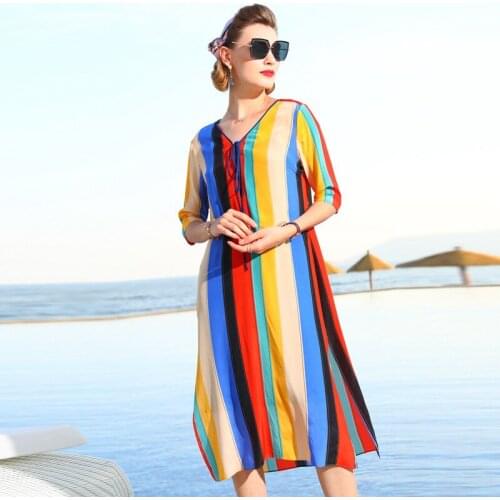 Silk floral plus size summer dress womens sexy club retro beach dresses 2019 gown loose rainbow Stripe Printed flower