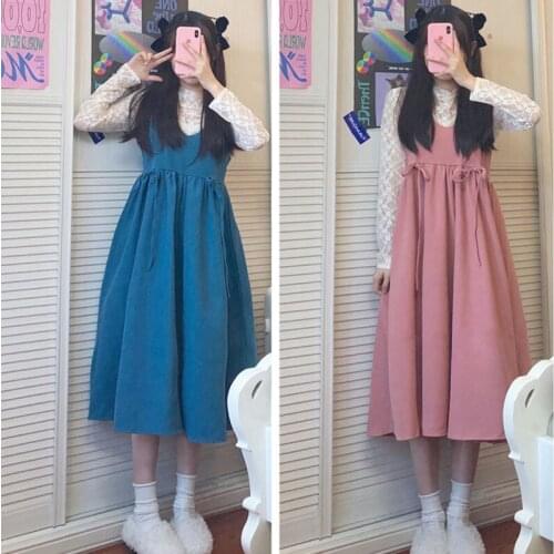 Womens 2020 Spring New Japanese Girl Loose V-neck Strap dress Inner Lace Bottoming Shirt pink lolita dress kawaii dress