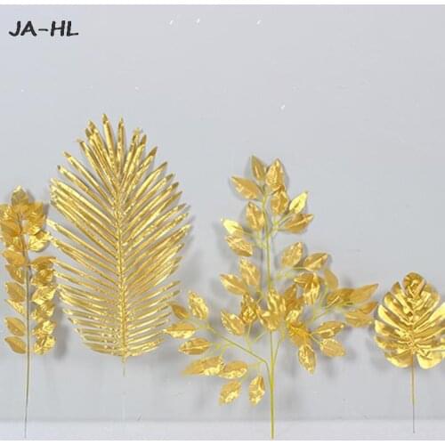 5Pcs Gold Artificial Palm Leaves Silk Eucalyptus Leaves Artificial Leaves DIY Plant Summer Birthday Wedding Party Decorations