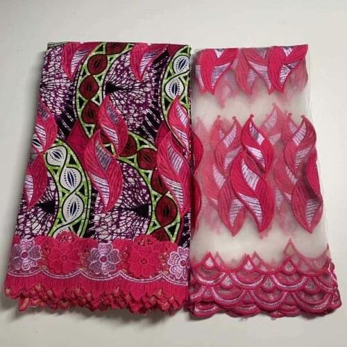 African Wax Fabrics 2021 High Quality Lace Cotton Ankara Wax Prints Fabrics Latest Nigerian Tulle Net Lace Scarf 6+2yards