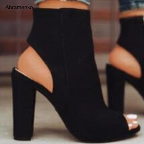 Ankle Boots Faux Suede Leather Casual Open Peep Toe High Heels Zipper Fashion Square Rubber Black Shoes For Women Plus Size 43