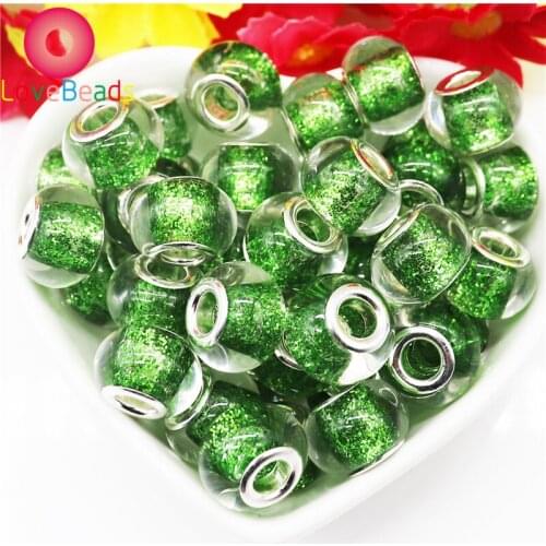 10Pcs Green Red Gold White Pink Color Glitter Powder Round Loose Big Hole Beads Charms Fit Pandora Bracelet Chain Spacer Beads