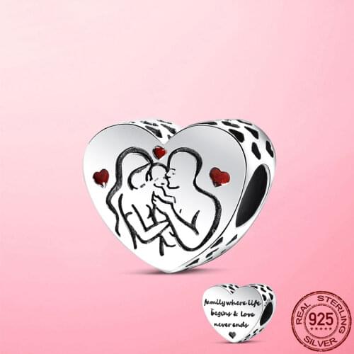 Love Beads 925 Sterling Silver Red Heart Parents And Children Family Love Charm Beads Fit Original Pandora Bracelet Family Gift